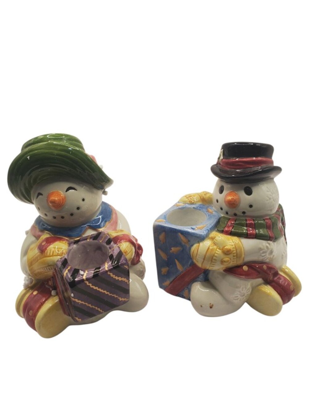 Fitz & Floyd Frosty Folks Snowman Candle Holders Ceramic Christmas Set of 2